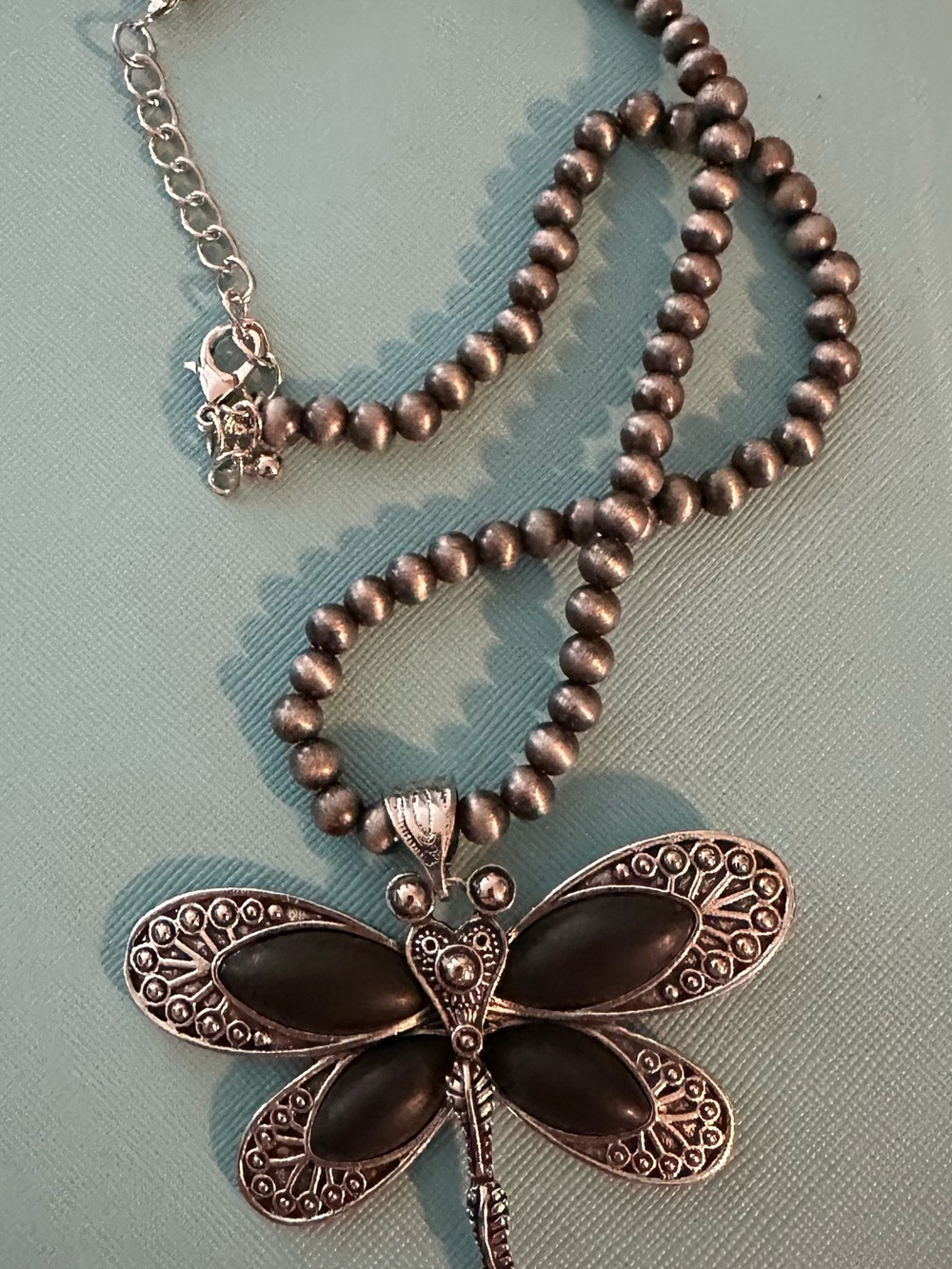 Stylish Dragonfly Pendant Necklace - Black Bead Design